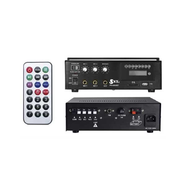  AMPLIFICADOR PERIFONEO 4-8-16-Ohm SKY MP3/ 2 MIC/ AUX/ MMC/ 40w USB/ FM/ 2 MIC/ 12V/ 110V  