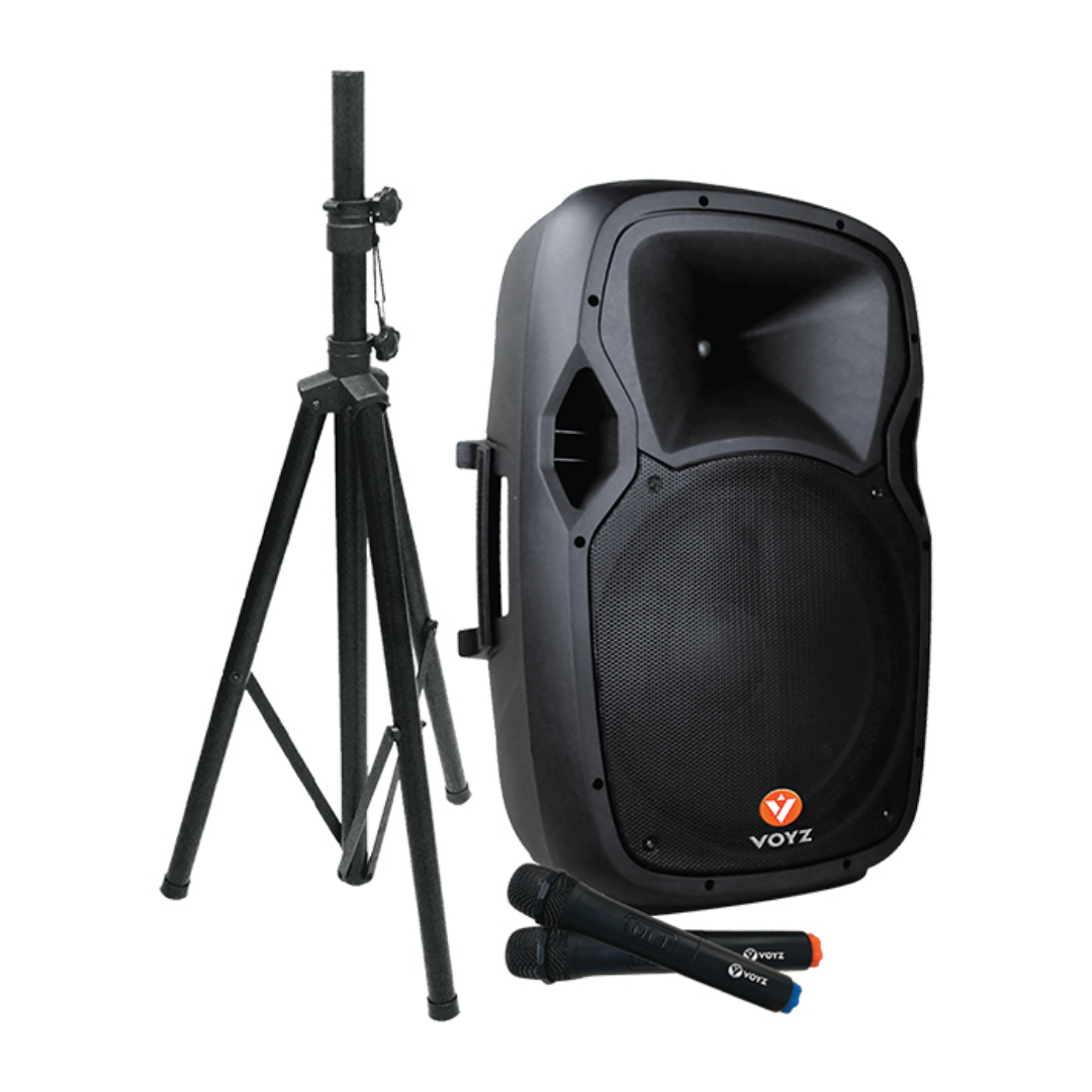  CORNETA AMPLIFICADA 15 Pulgadas 1000w VOYZ 1 PARAL+2 MICROFONO+BATERIA/  LCD/ MP3/ USB/ SD/ BLUETOOTH/ FM/ SPEAKON  