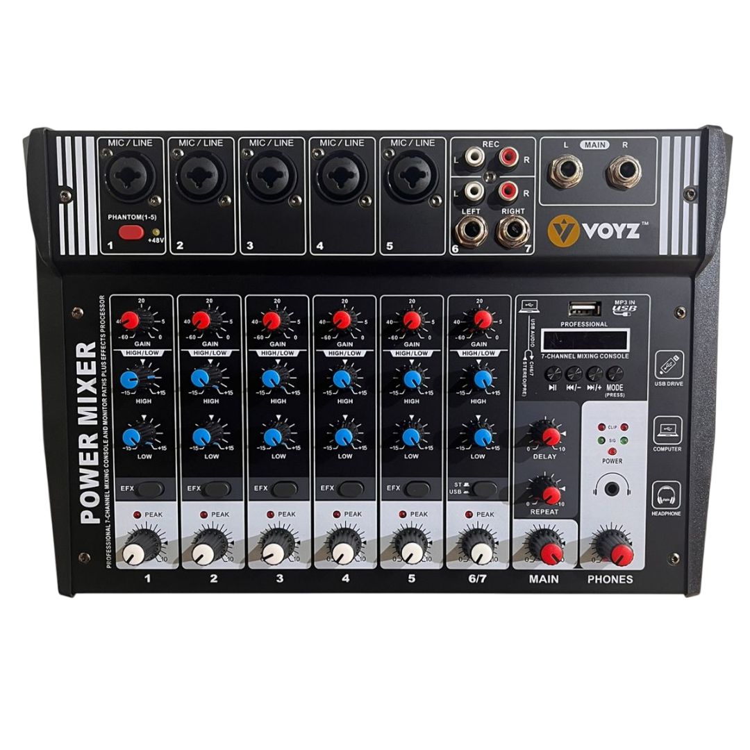  CONSOLA  6 CANALES AMPLIFICADA VOYZ 1400w /  USB /  BLUETOOTH DSP /  2 BANDAS EQ  